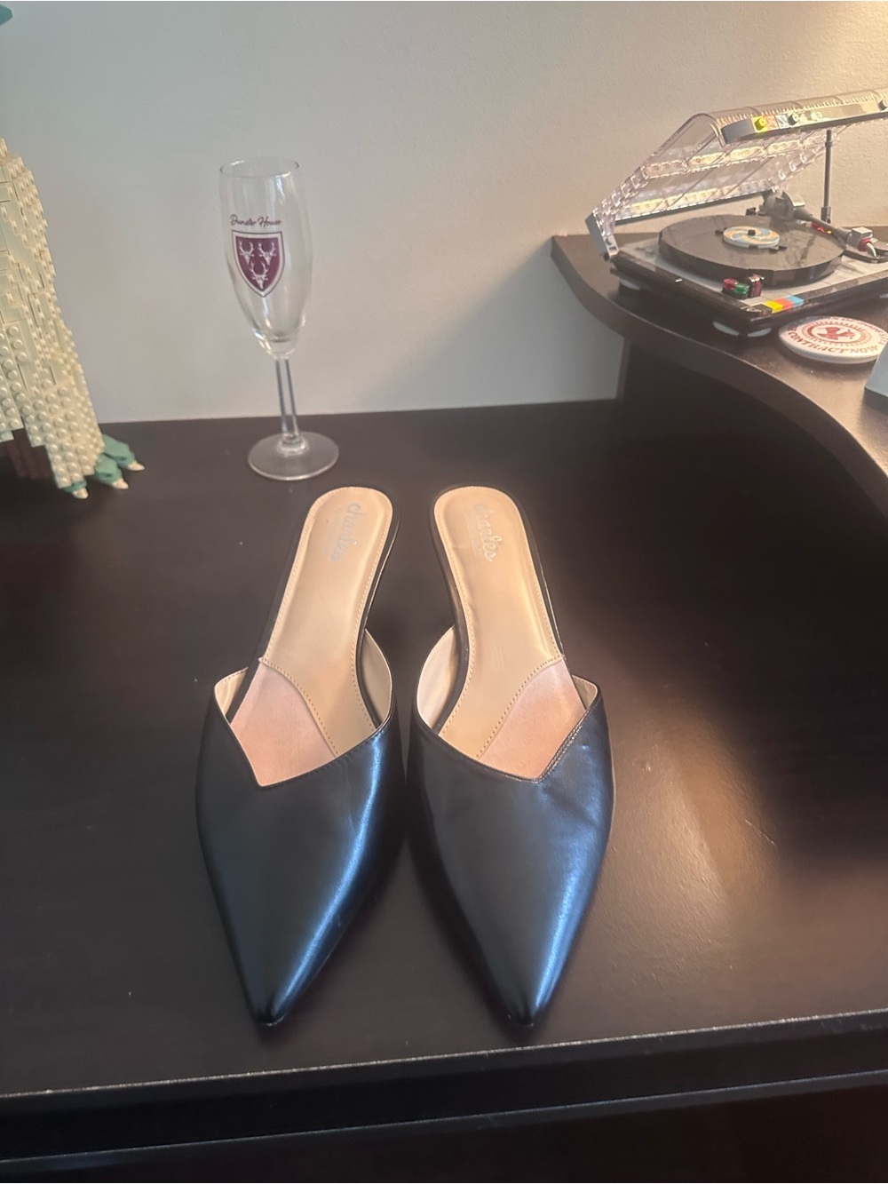 Charles By Charles David Black Pointed Leather Slip-On Mules